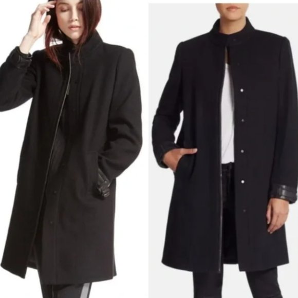 VINCE BLACK WOOL COAT WITH LAMB LEATHER TRIM.  SIZE 8/FITS SIZE 12 - Picture 11 of 13